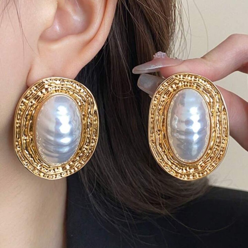 Gold Oval Pearl-Detail Earrings for Women